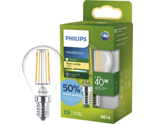 Bec LED tip glob Philips E14 2,3 Watt echivalent 40 Watt lumină albă caldă 2700 Kelvin