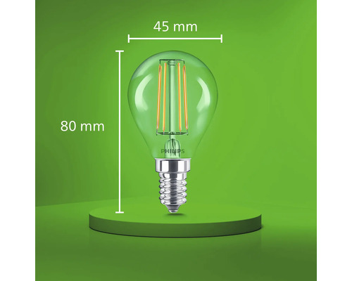 Bec LED cu filament Philips formă picătură E14 cu diametrul de 45 milimetri și înălțimea de 80 milimetri