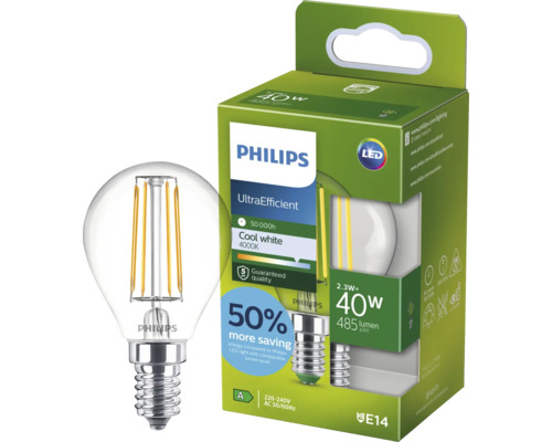 Bec LED cu filament Philips formă picătură E14 2,3 Watt 485 lumeni 4000 Kelvin UltraEfficient