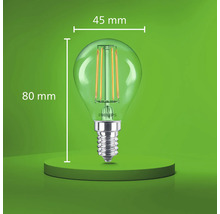 Bec LED cu filament Philips formă picătură E14 cu diametrul de 45 milimetri și înălțimea de 80 milimetri