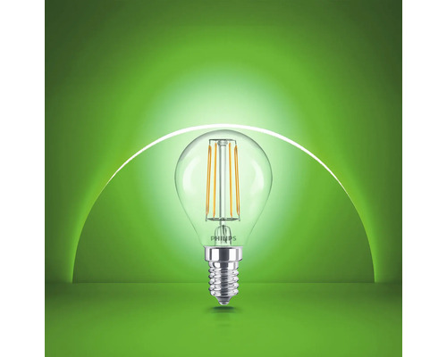 Bec LED cu filament Philips formă picătură dulie E14 cu sticlă clară
