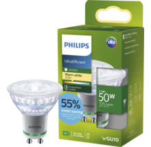 Bec LED Philips GU10 2,1 Watt, alb cald 2700 Kelvin, UltraEfficient pentru iluminat eficient energetic în ambalajul produsului.