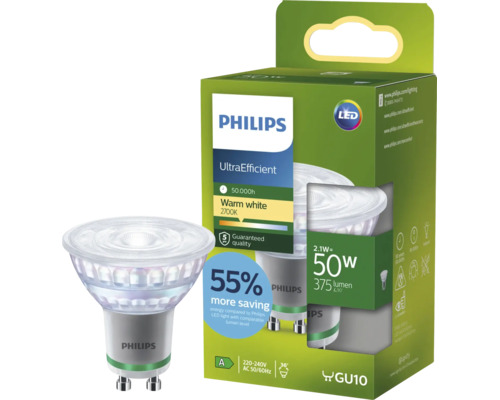 Bec LED Philips GU10 2,1 Watt, alb cald 2700 Kelvin, UltraEfficient pentru iluminat eficient energetic în ambalajul produsului.