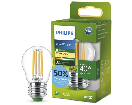 Bec LED Philips în formă de picătură 2.3 Watt înlocuiește 40 Watt dulie E27 lumină alb cald 2700 Kelvin în ambalaj