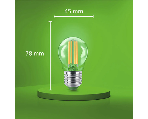 Bec cu filament LED Philips formă picătură E27, diametru 45 milimetri, înălțime totală 78 milimetri
