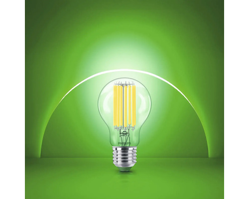 Bec LED cu filament Philips cu soclu E27 in forma clasica pentru iluminat eficient energetic.
