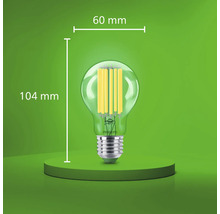 Bec LED cu filament Philips cu soclu E27, diametru de 60 milimetri și înălțime totală de 104 milimetri.