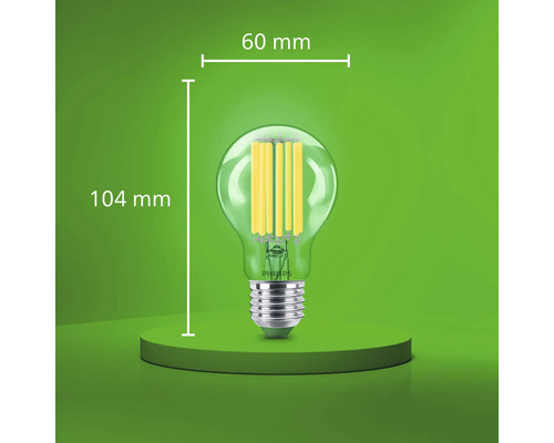 Bec LED cu filament Philips cu soclu E27, diametru de 60 milimetri și înălțime totală de 104 milimetri.