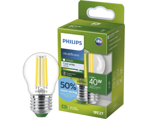 Bec LED Philips UltraEfficient E27 2,3 W echivalent 40 W 485 lumeni alb neutru 4000 Kelvin in cutie