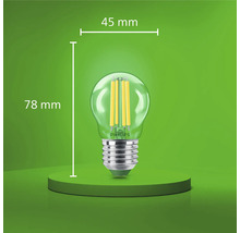 Bec LED cu filament Philips E27 tip picătură, diametru 45 milimetri, înălțime 78 milimetri