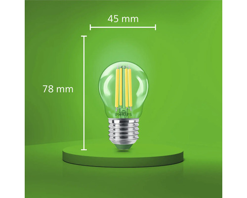 Bec LED cu filament Philips E27 tip picătură, diametru 45 milimetri, înălțime 78 milimetri