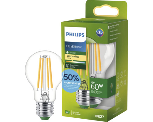 Bec LED Philips E27, 4 Wați, 840 lumeni, culoare lumină alb cald 2700 Kelvin, reglabil, eficient energetic, în ambalaj.