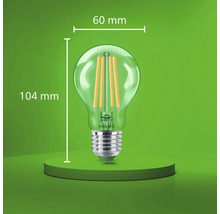 Bec LED cu filament Philips cu soclu E27, diametru de 60 milimetri și înălțime totală de 104 milimetri.
