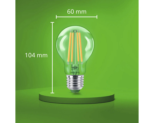 Bec LED cu filament Philips cu soclu E27, diametru de 60 milimetri și înălțime totală de 104 milimetri.