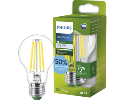 Bec LED cu filament Philips E27, 5,2 wați echivalent cu 75 wați, 1095 lumeni, 4000 Kelvin, alb rece, iluminare eficientă