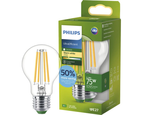 Bec LED Philips E27, 5,2 Watt echivalent cu 75 Watt, 1095 lumeni, alb cald 2700 Kelvin, bec cu filament UltraEfficient