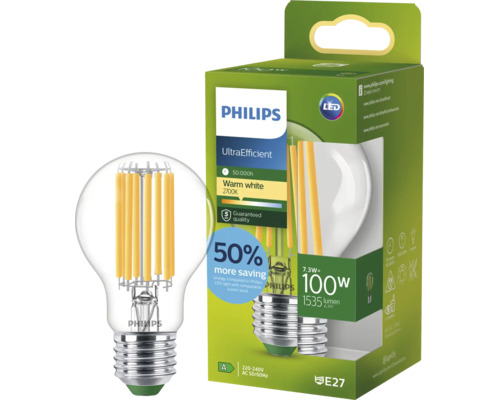 Bec LED Philips E27, 7,3 watti echivalent 100 watti, alb cald 2700 kelvini, 1535 lumeni, UltraEfficient cu durată de viață 50.000 ore.
