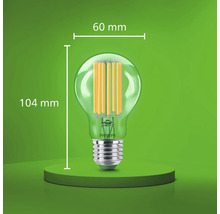 Bec LED cu filament Philips cu soclu E27, diametru de 60 milimetri și înălțime totală de 104 milimetri.