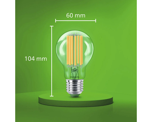 Bec LED cu filament Philips cu soclu E27, diametru de 60 milimetri și înălțime totală de 104 milimetri.