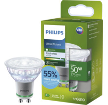 Bec LED Philips UltraEfficient GU10 2,1 Watt, 4000 Kelvin alb rece, durată de viață 50.000 ore, 375 lumeni, sursă de lumină LED eficientă.