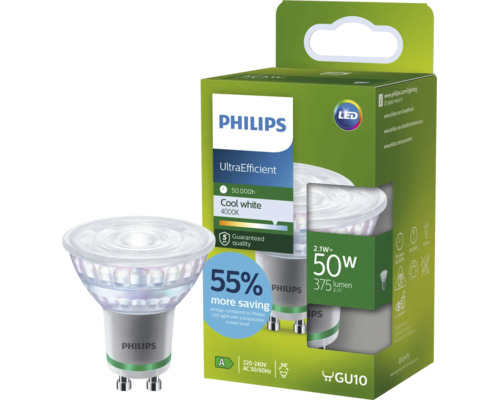 Bec LED Philips UltraEfficient GU10 2,1 Watt, 4000 Kelvin alb rece, durată de viață 50.000 ore, 375 lumeni, sursă de lumină LED eficientă.