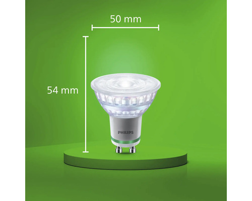 Bec LED Philips cu soclu GU10 și dimensiuni 50 milimetri diametru și 54 milimetri înălțime