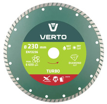 Disc diamantat pentru tăiere Verto Turbo cu diametrul de 230 milimetri potrivit pentru tăiere umedă și uscată