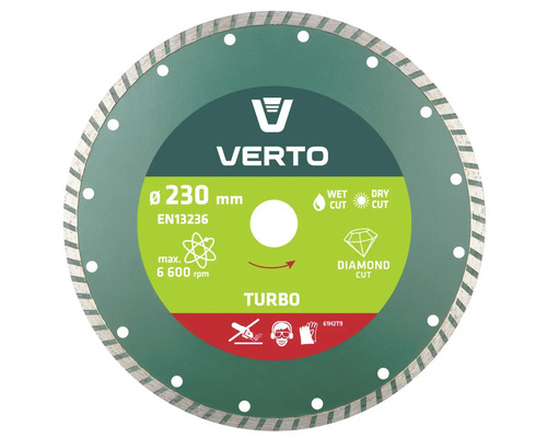 Disc diamantat pentru tăiere Verto Turbo cu diametrul de 230 milimetri potrivit pentru tăiere umedă și uscată