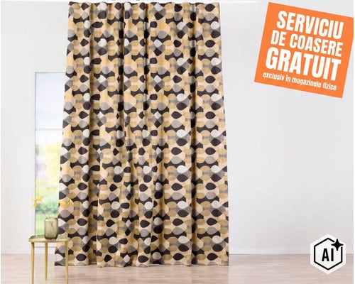 O draperie plisată cu model geometric în fața unei ferestre cu serviciu de coasere gratuit în magazinele fizice. (Image AI modified or generated)