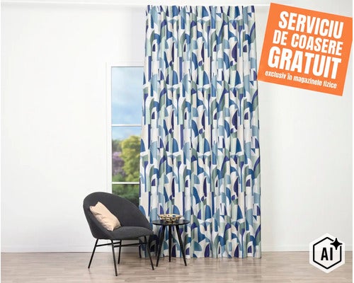 O draperie opacă cu model geometric în fața unei ferestre, incluzând mențiunea serviciului de coasere gratuit în magazinele Hornbach. (Image AI modified or generated)