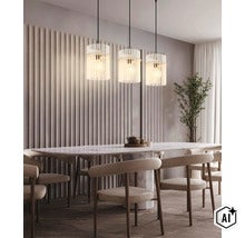 Trei pendule moderne cu design cu lamele deasupra unei mese de dining ovale din marmură, într-o sufragerie luminoasă și amenajată cu stil. (Image AI modified or generated)