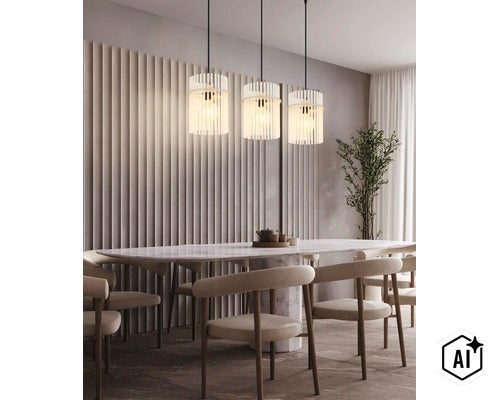 Trei pendule moderne cu design cu lamele deasupra unei mese de dining ovale din marmură, într-o sufragerie luminoasă și amenajată cu stil. (Image AI modified or generated)