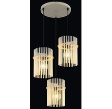 Pendul cu trei surse de lumină cu abajururi rotunde din tije verticale pentru iluminat interior modern