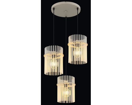Pendul cu trei surse de lumină cu abajururi rotunde din tije verticale pentru iluminat interior modern