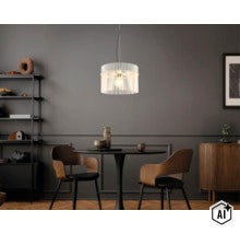 Pendul modern cu lamele din lemn deasupra unei mese negre într-o sufragerie elegantă, cu rafturi și o comodă din lemn. (Image AI modified or generated)