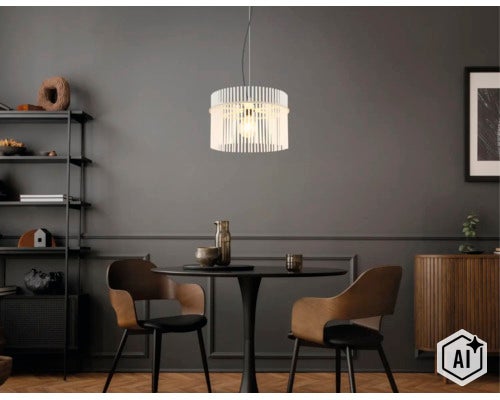 Pendul modern cu lamele din lemn deasupra unei mese negre într-o sufragerie elegantă, cu rafturi și o comodă din lemn. (Image AI modified or generated)