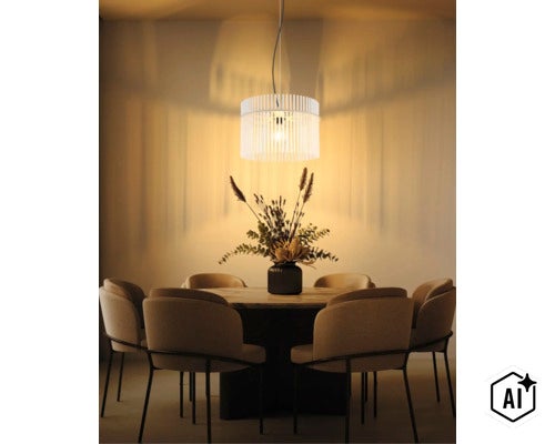 Sufragerie cu masă rotundă, scaune tapițate și o lampă suspendată modernă cu design cu lamele care creează o atmosferă luminoasă caldă. (Image AI modified or generated)