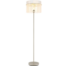 Lampadar modern cu abajur rotund din lamele și suport metalic subțire pentru iluminat interior indirect.