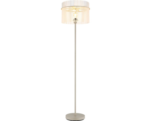 Lampadar modern cu abajur rotund din lamele și suport metalic subțire pentru iluminat interior indirect.