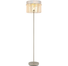 Lampadar modern cu abajur cilindric din lamele verticale și bază subțire pentru o lumină caldă