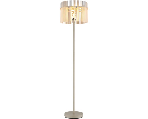 Lampadar modern cu abajur cilindric din lamele verticale și bază subțire pentru o lumină caldă