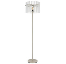 Lampadar modern cu abajur rotund din bare verticale pe un suport subțire pentru camere de zi