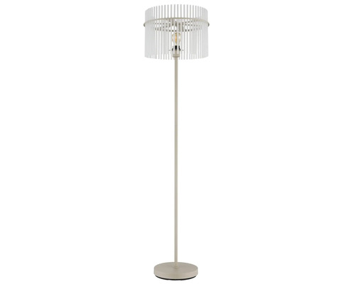 Lampadar modern cu abajur rotund din bare verticale pe un suport subțire pentru camere de zi