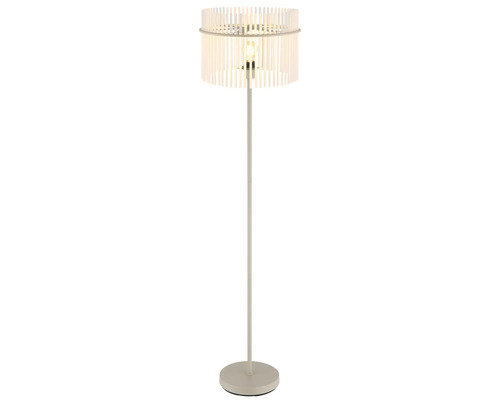 Lampadar modern cu abajur rotund format din tije verticale pe un picior îngust pentru spații de locuit.