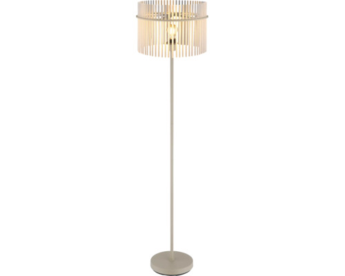 Lampadar cu abajur cilindric din tije verticale și bază subțire pentru un iluminat ambiental.