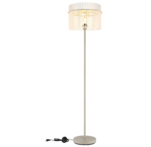 Lampadar modern cu abajur rotund din lamele verticale și bază subțire.