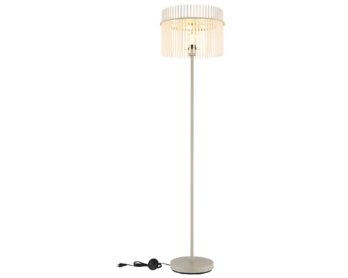 Lampadar modern cu abajur rotund din lamele verticale și bază subțire.