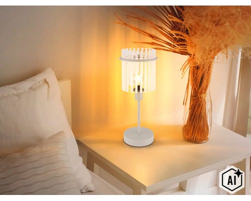 Lampă de masă modernă cu abajur cu lamele pe noptieră într-un dormitor cu decorațiuni (Image AI modified or generated)