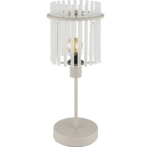 Lampă de masă cu abajur cilindric din tije verticale, cadru metalic cu bază și sursă de lumină vizibilă pentru interior.