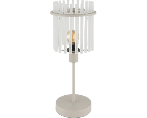Lampă de masă cu abajur cilindric din tije verticale, cadru metalic cu bază și sursă de lumină vizibilă pentru interior.